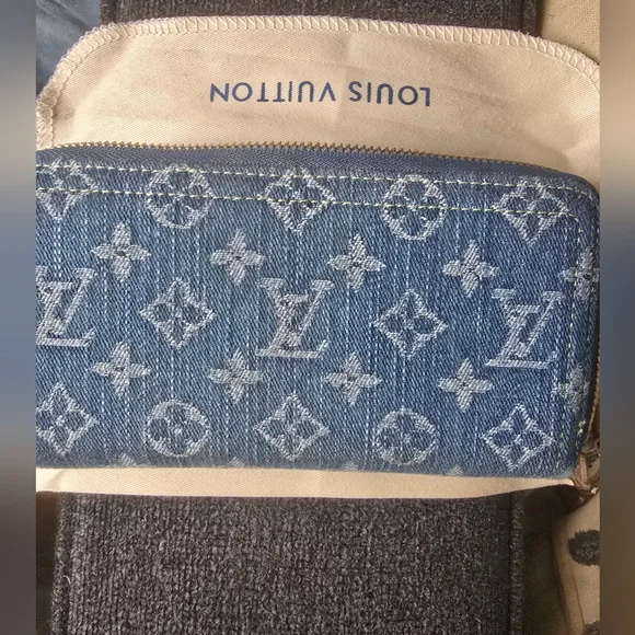 Denim Alongated Multi Compartment Blue/White Monogram Branded Logo Wallet - Picture 7 of 11